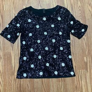 Womens J CREW small sequin black polka dot short sleeve tee